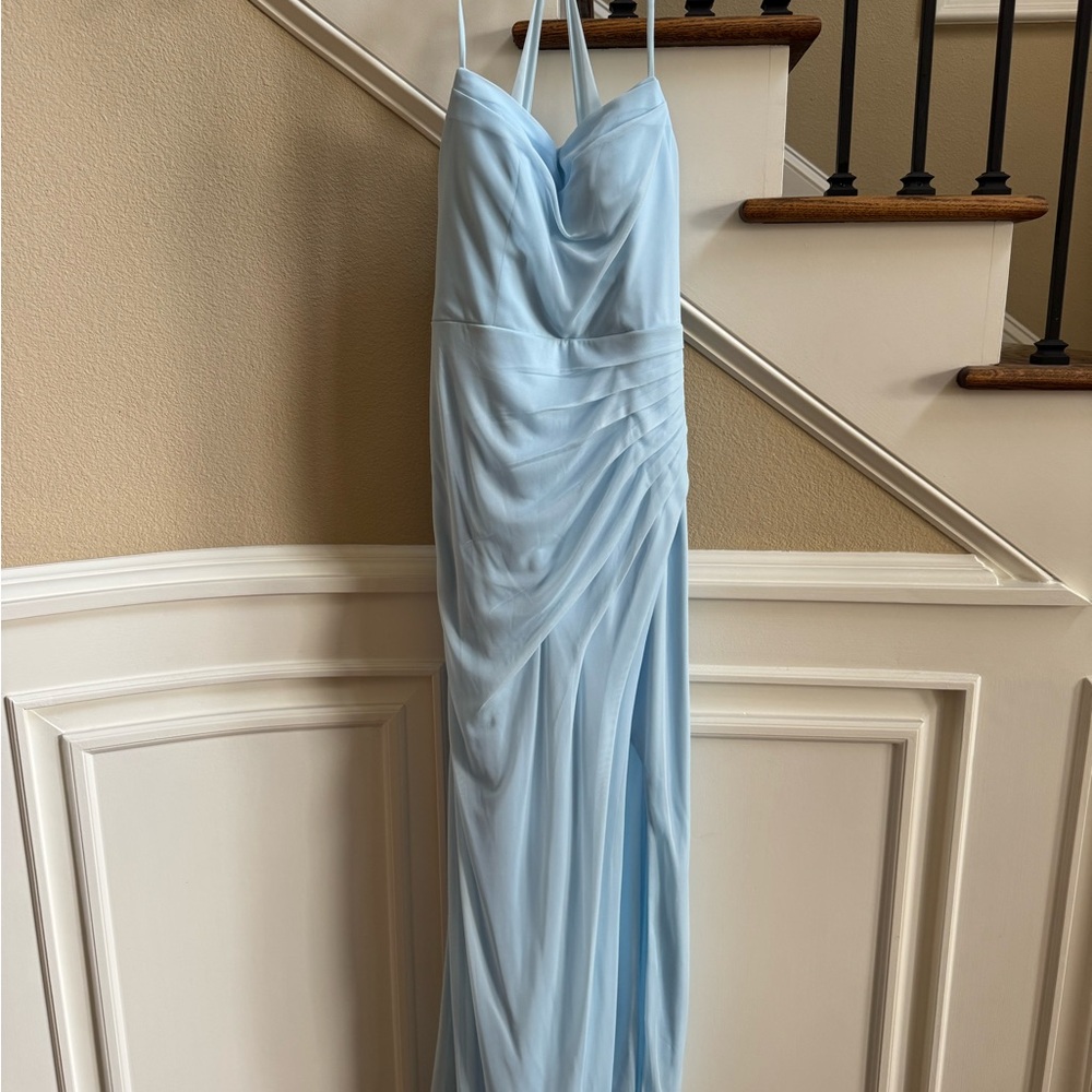 Azazie Light Blue Strapless Draped Formal Gown